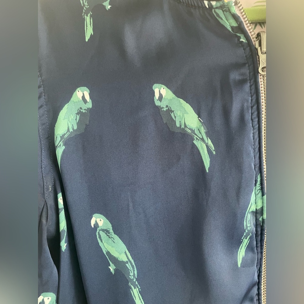 American Eagle Reversible Navy Parrot Bird/Floral Satin Bomber Jacket Small - Picture 6 of 10